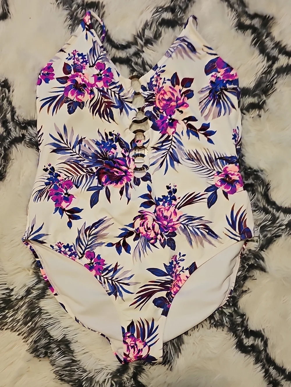 Ambrielle White One-Piece Swimsuit with Pink & Blue Floral Print
